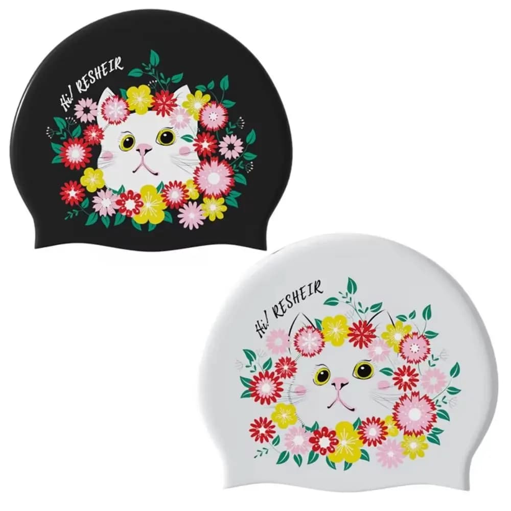 Large Size Swimming Caps Ear Protection Fashionable Printed Silicone Swim Caps Waterproof Long Hair Cartoon Cat Swim Caps