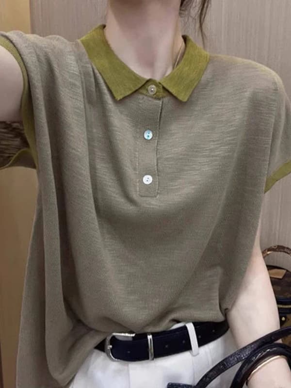 Fashionable Summer Women's Loose Short Sleeve T-shirt Color Block Design Commute Style Korean Version All-Match Casual Top