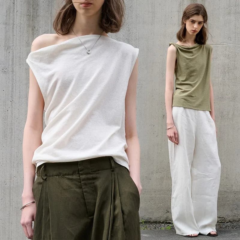 T-shirt monospalla irregolare in cotone di lino francese per le donne Estate senza maniche Casual New Fashion High Street Office Lady Top