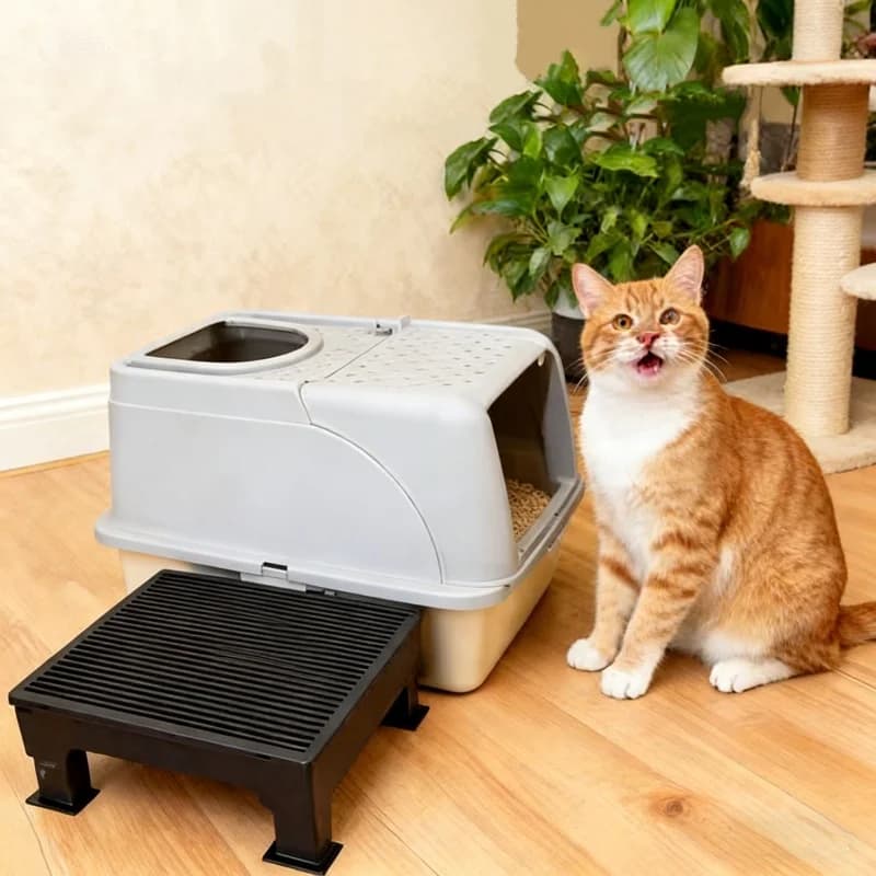 Lettiera per Gatti in Acciaio Inossidabile con Combinazione Lettiera e Toilette Completamente Chiusa Anti-Schizzi per Gatti