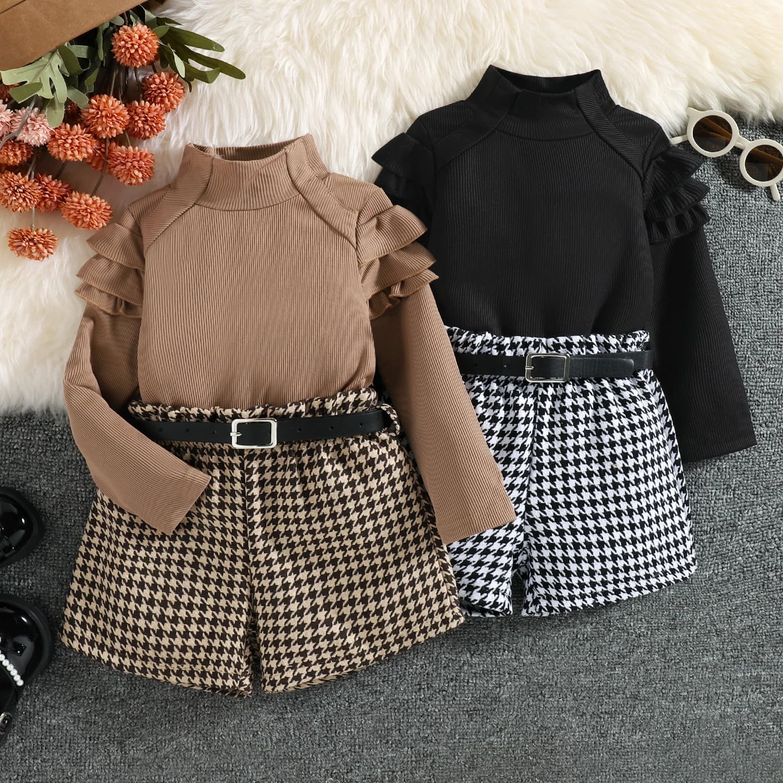 3 pezzi autunno nuovo stile 1-5 anni ragazza bambino alla moda casual collo alto tinta unita top + pantaloncini pied de poule set