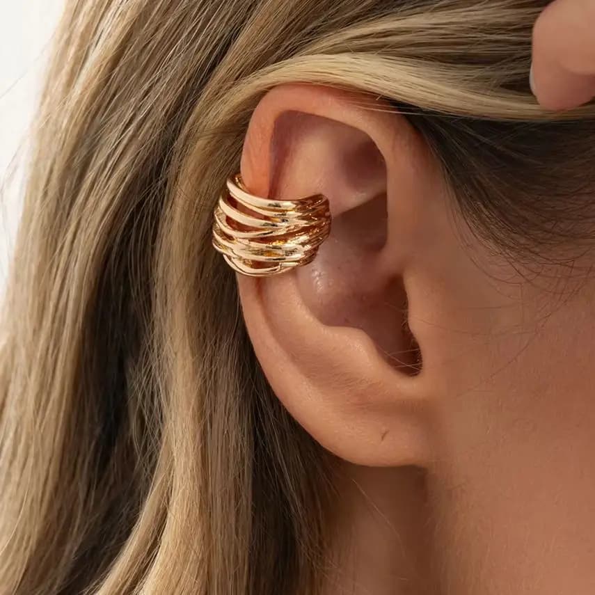 KunJoe Fashion Geometry Glossy Multiple Layer Textured Intersecting Knot Earrings Women Gold Color Non Piercing Ear Cuff Jewelry