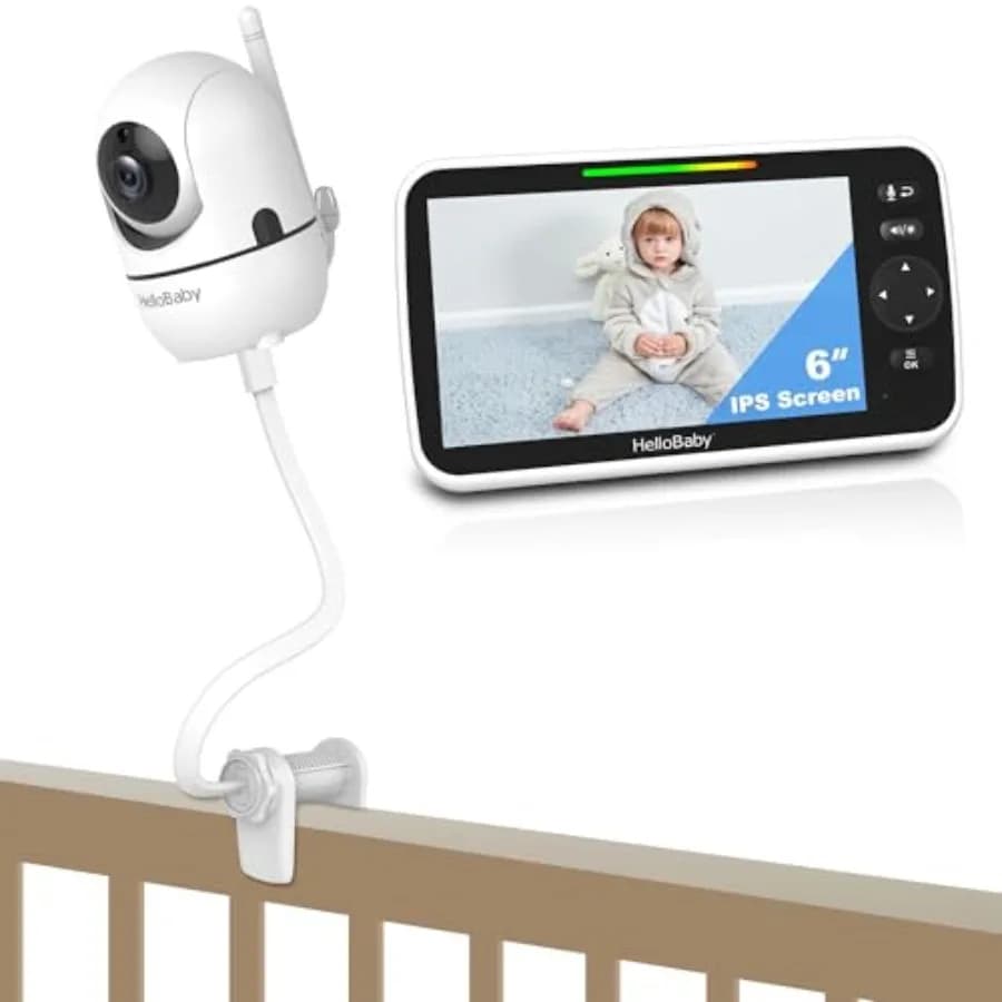 HelloBaby Monitor Video per Bambini da 6'' con Schermo IPS, Batteria da 30 Ore, Funzione Split-Screen, Clip per Culla, Senza WiFi, Pan-Tilt-Zoom, VOX, Comunicazione Bidirezionale