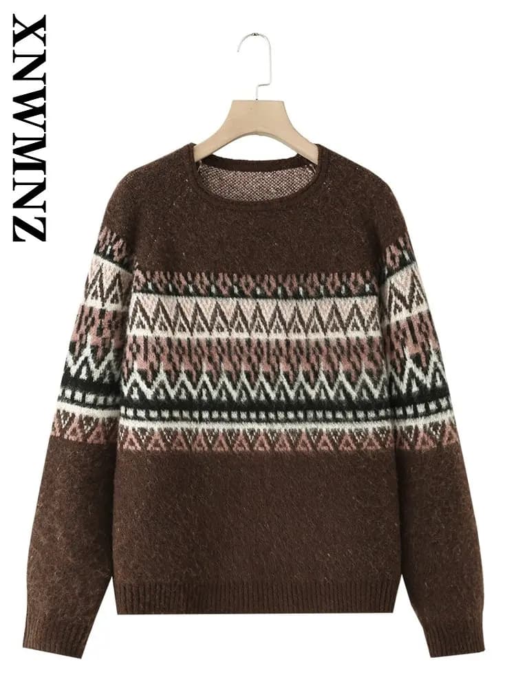 XNWMNZ 2025 Autunno Donna Versatile Semplice O-Colletto Maglione Vintage Casual Inverno Donna Pendolarismo Jacquard Tenere al caldo Pullover