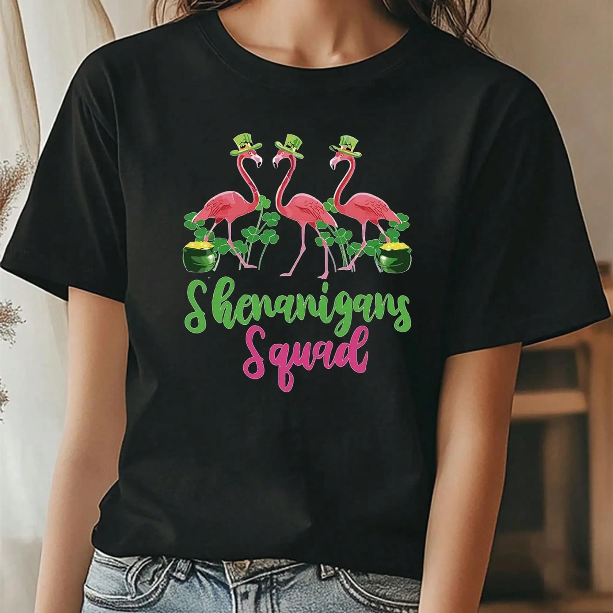 Oversized Black T-Shirts For Women Featuring Fun Flamingos And The Shenanigans Squad, Perfect For St Patricks Day These Casual Short-Sleeve Tops Are Ideal For In Spring