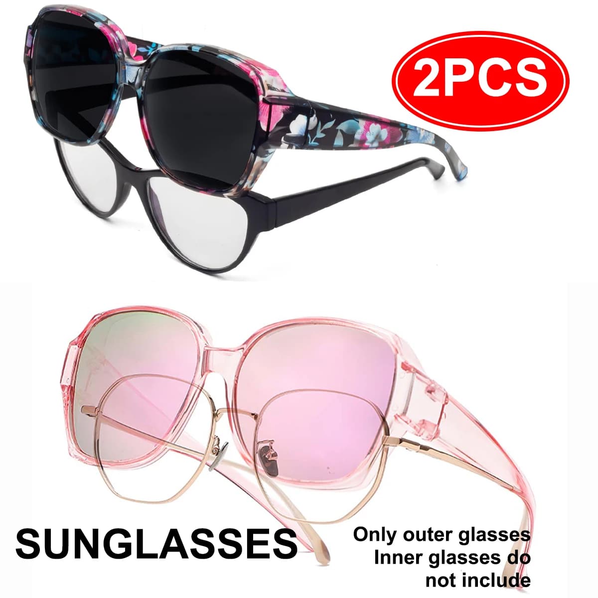 Confezione da 2 occhiali da sole polarizzati da donna, occhiali da sole sopra gli occhiali da vista, occhiali da sole alla moda a occhio di gatto con protezione UV400 T01