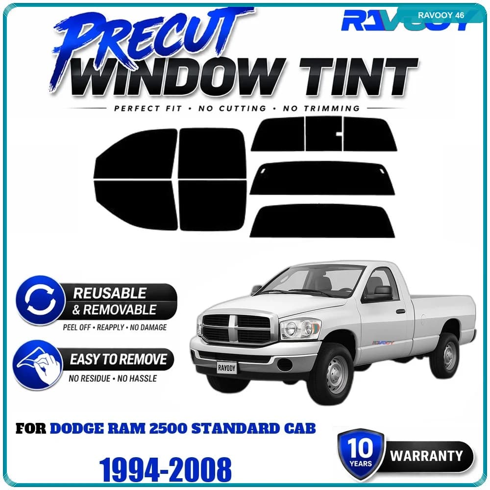RAVOOY Precut Window Tint, Reusable Removable EPU Film, Custom Fit for Dodge Ram 2500 Standard Cab 1994-2008, UV Heat Protection
