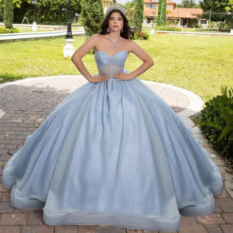 Abiti da ballo personalizzati con fiocco blu baby Abiti Quinceanera per ragazze Perline Sweetheart senza maniche Abiti Quinceanera