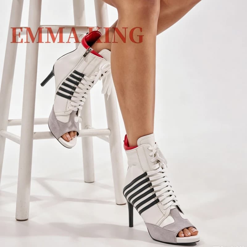 Open Toe Striped Lace Up Ankle Booties,Women White Lace Up Sporty Stiletto Boots,Cross Tied Patchwork Breathable Sneaker Shoes