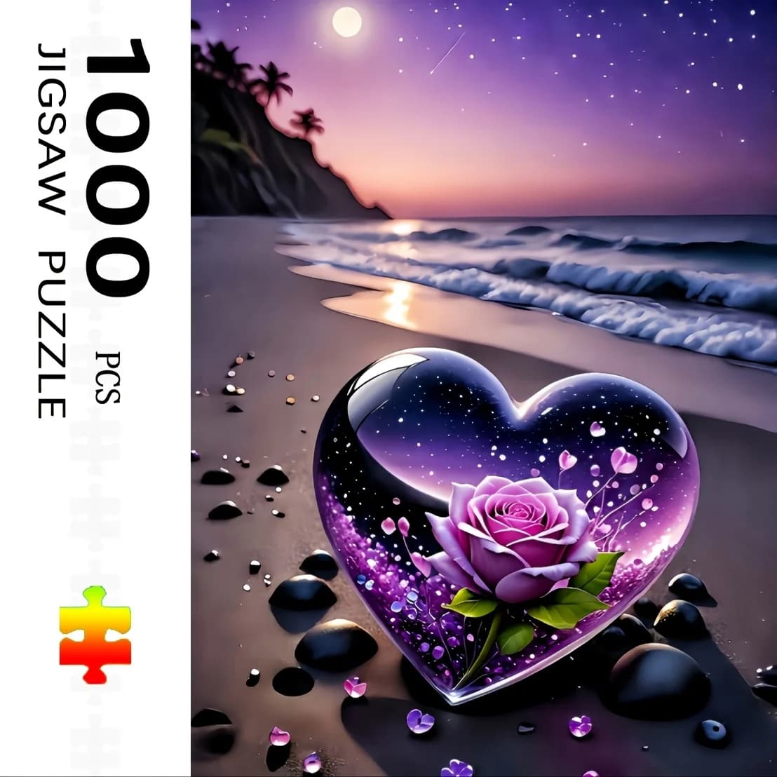 Puzzle da 1000 pezzi con pezzi a forma di cuore - Grande tramonto sulla spiaggia con cielo notturno stellato e sabbia, oceano viola adatto per pubblicità