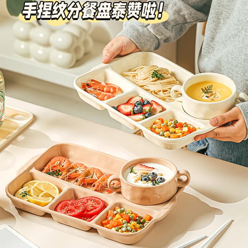 12.6 Inch Home Use Ceramic Dividers Wind Plate Color Cream Five compartments Children Adults Weight Loss Solid Cuts