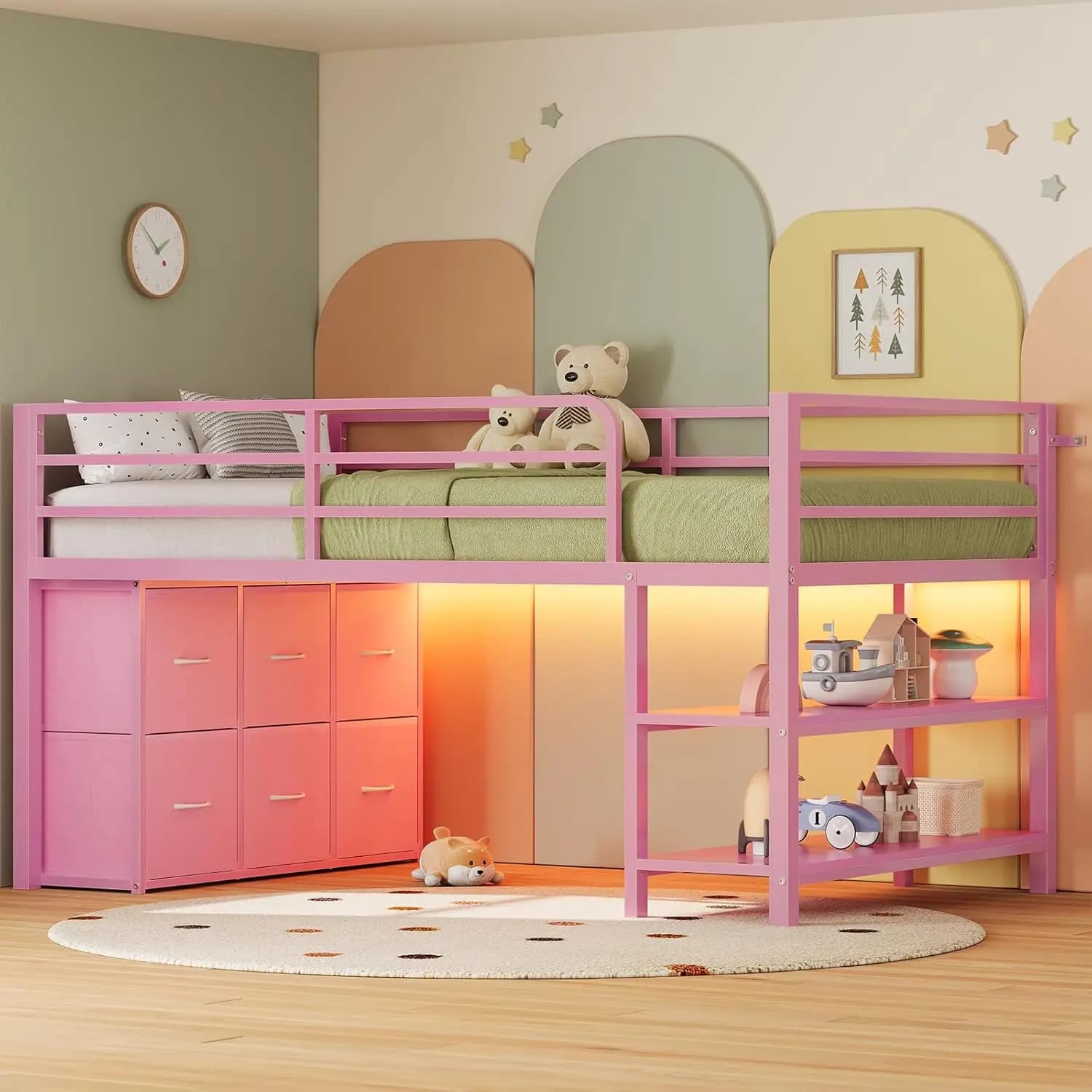 Camera da letto per bambini, in metallo, rosa, con 6 cassetti portaoggetti, luci a LED, scaffali aperti, 15
