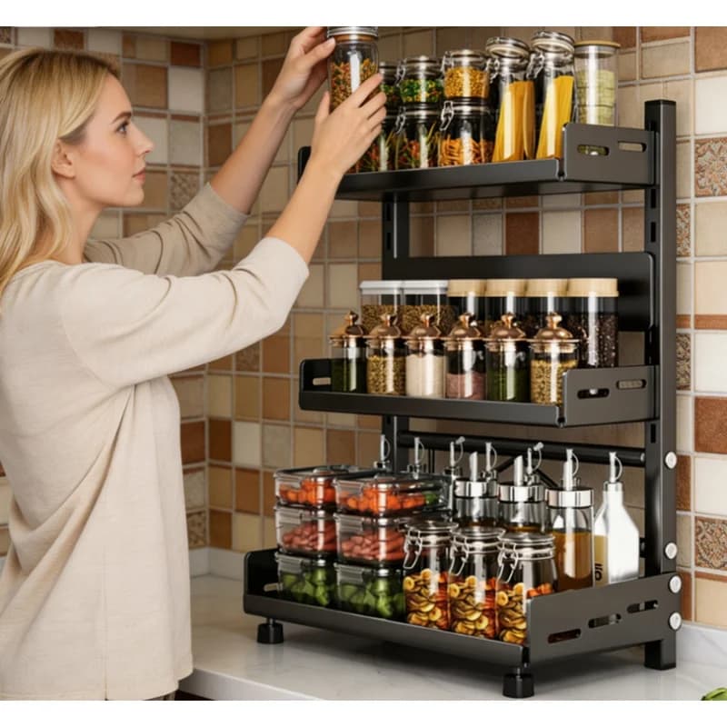 Adjustable Spice Storage Rack 3 Tier Black Metal Countertop Cabinet Kitchen Organizer Shelf for Jars Bottles Home Use
