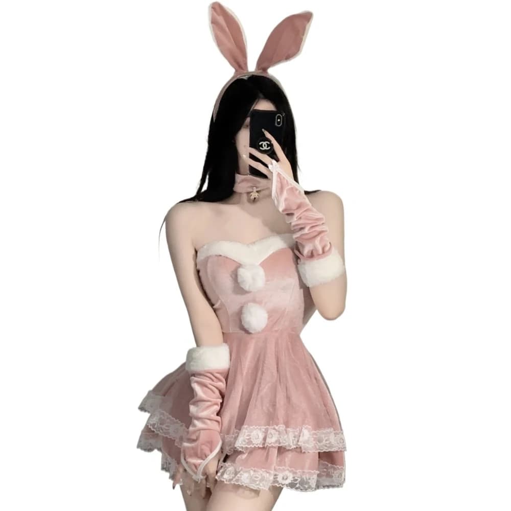 Sweet Pink Rabbit Costume, Hot Mini Dress With Velvet Straps with Rabbit Earrings and Lace Finishes for Halloween Party, Lingerie