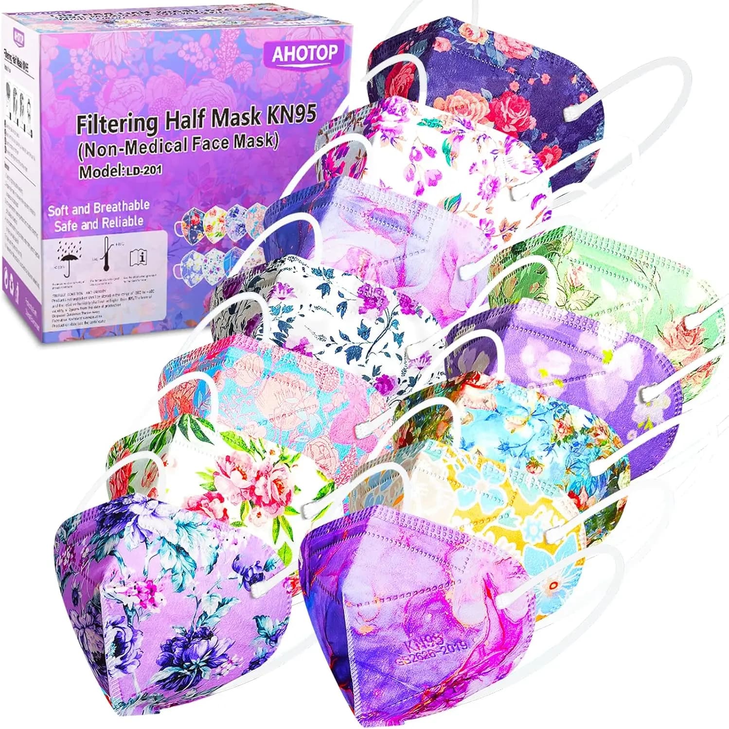 Pack of 60 KN95 Masks, Singolarly Packed, Floral Design Colored to 5 Adult Roads