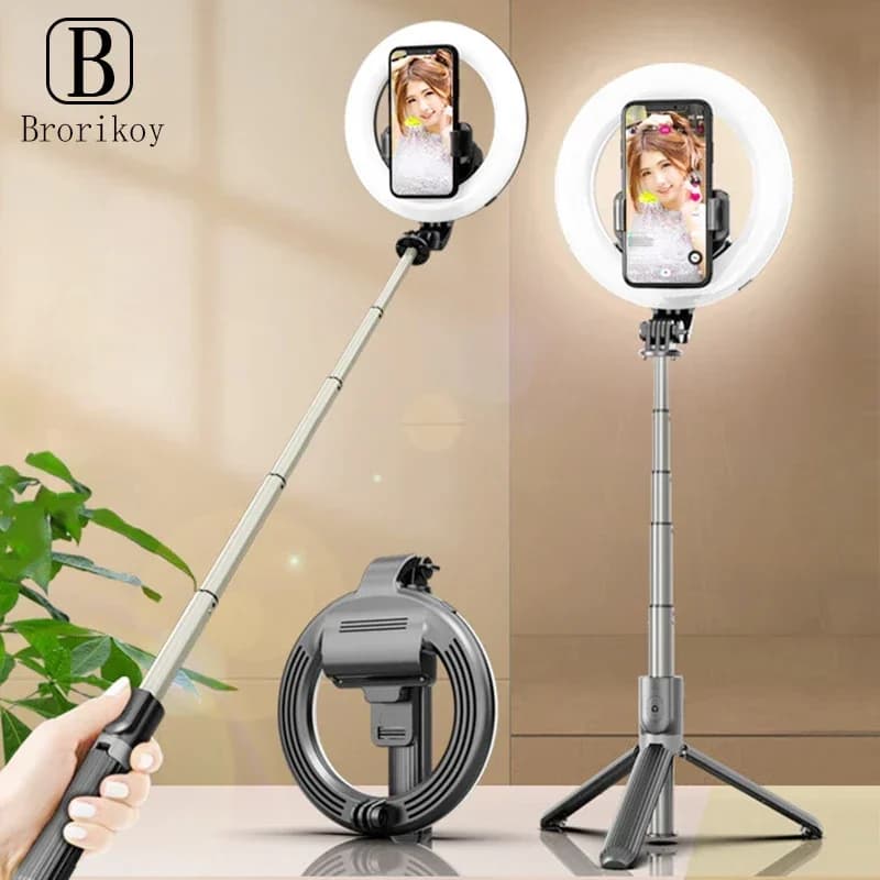 Treppiede per selfie a LED con otturatore remoto portatile pieghevole 4 in 1 senza fili Bluetooth con luce fotografica ad anello a LED