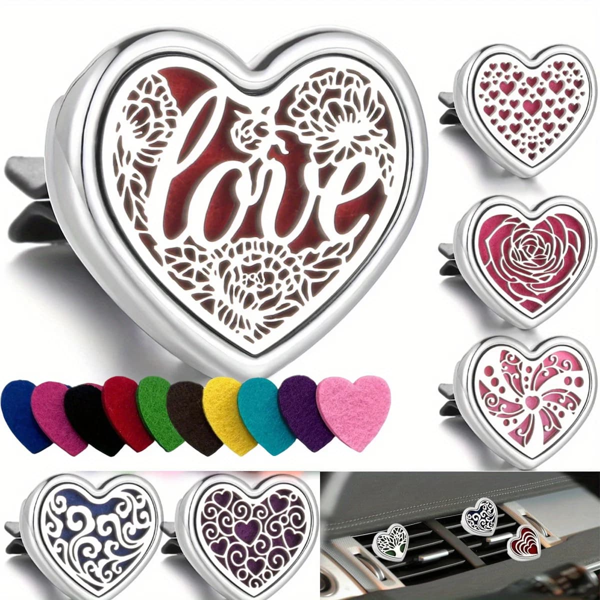 1 deodorante per auto ricaricabile, clip per presa d'aria a forma di cuore (senza sostanze profumate), include 10 guarnizioni.