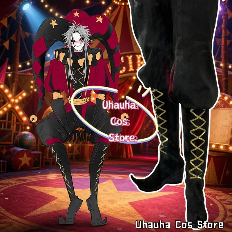 CR7.3*Freak Circus Pierrot Jester Full Set With Small Heels and Jester Hat Clown Cosplay Costume Party Carnival Boots Cosplay