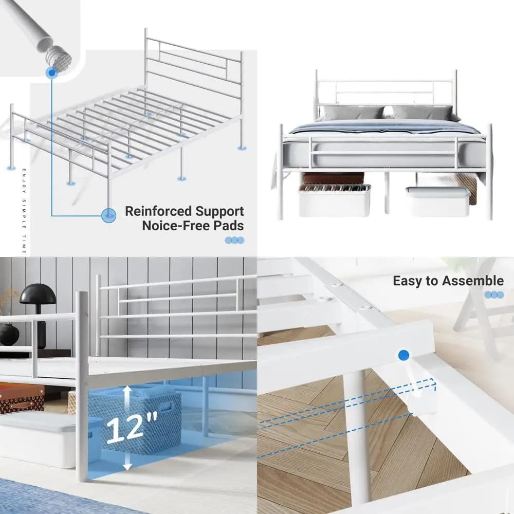 14 inch metal double bed frame with container, does not require mesh, slats support