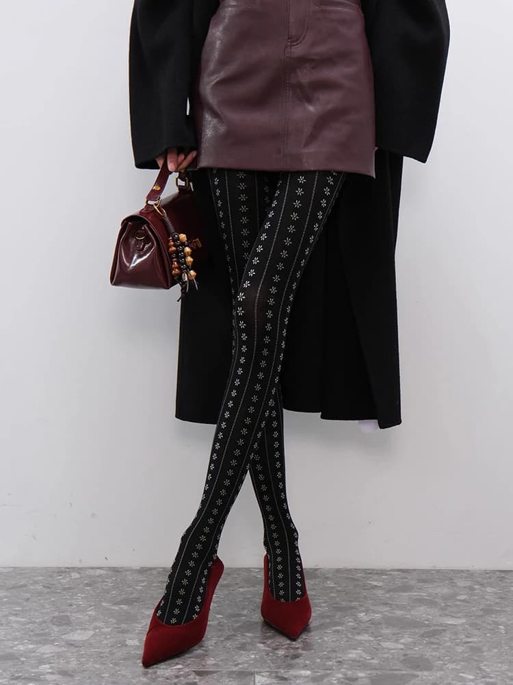 Collant a righe verticali floreali vintage da showpiece Leggings intimi da donna Calza dolce Collant a costine a maglia piatta
