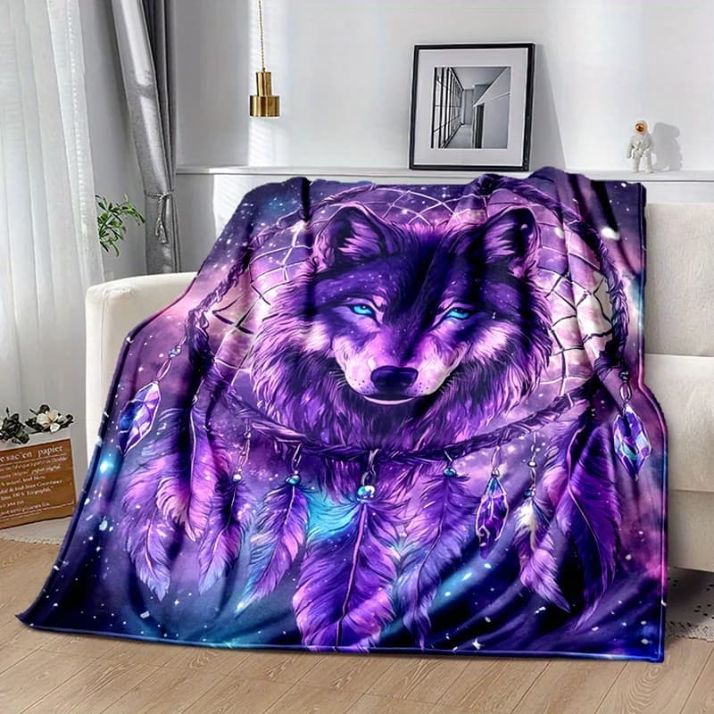 Vintage Dreamcatcher Wolf Throw Blanket – All-Season Lightweight Flannel, 100% Polyester Knitted with Digital Print, Animal Them