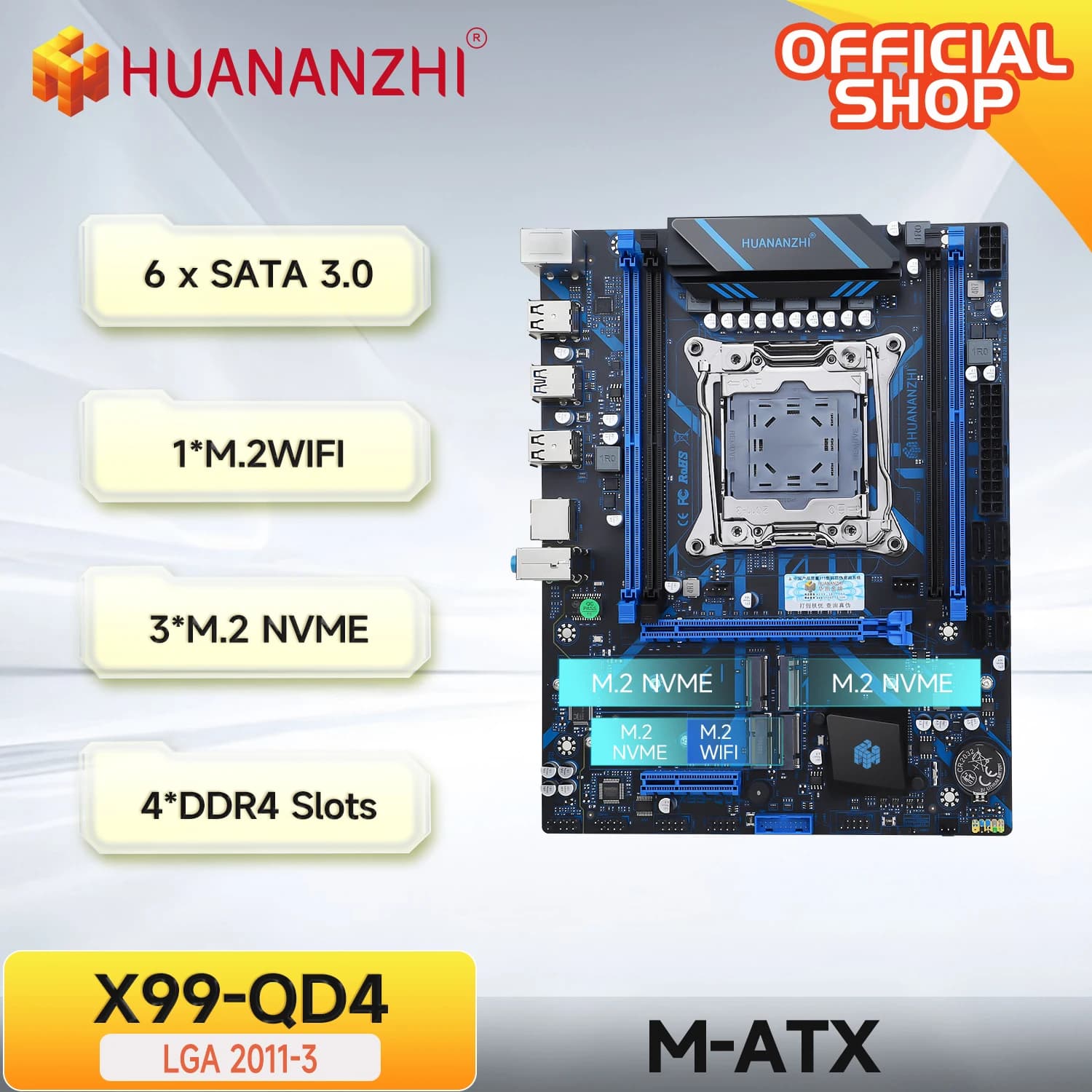 HUANANZHI X99 QD4 LGA 2011-3 XEON X99 Scheda madre Intel E5 2640 2666 2670 2696 V3 V4 supporto DDR4 RECC NON-ECC Memoria NVME SATA