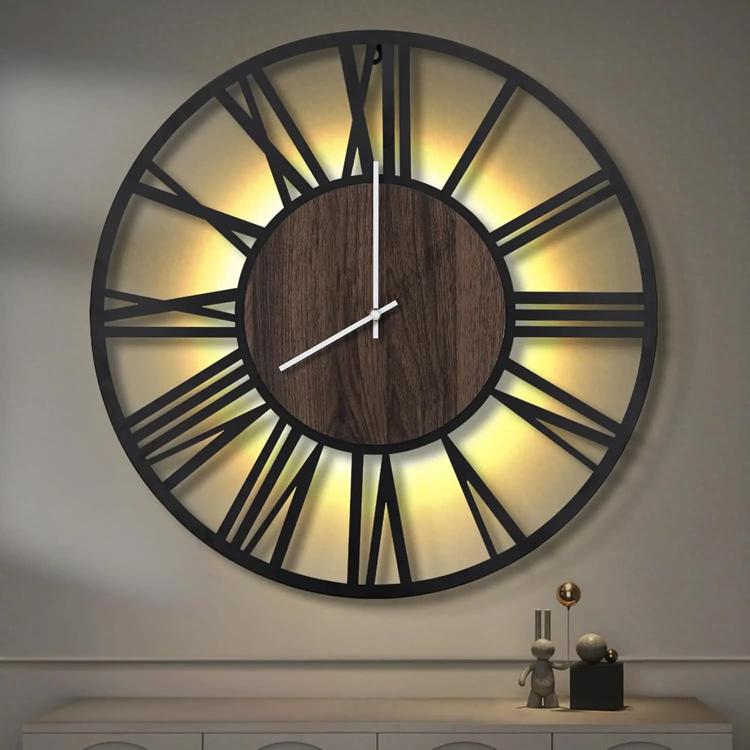 Great Wall Clocks with Night Light Battery, Silent Without Ticking, Big Clock in Modern Rustic Wood for Living Room, Bedroom, Kitchen