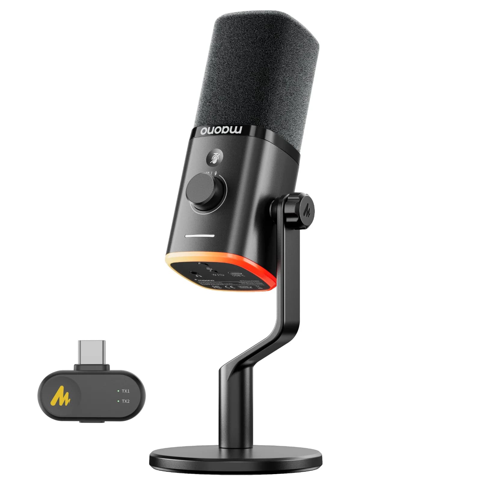Microfono dinamico wireless Maono PD100W, cardioide, portata 50m, riduzione del rumore con un solo tocco, RGB per gaming e live streaming