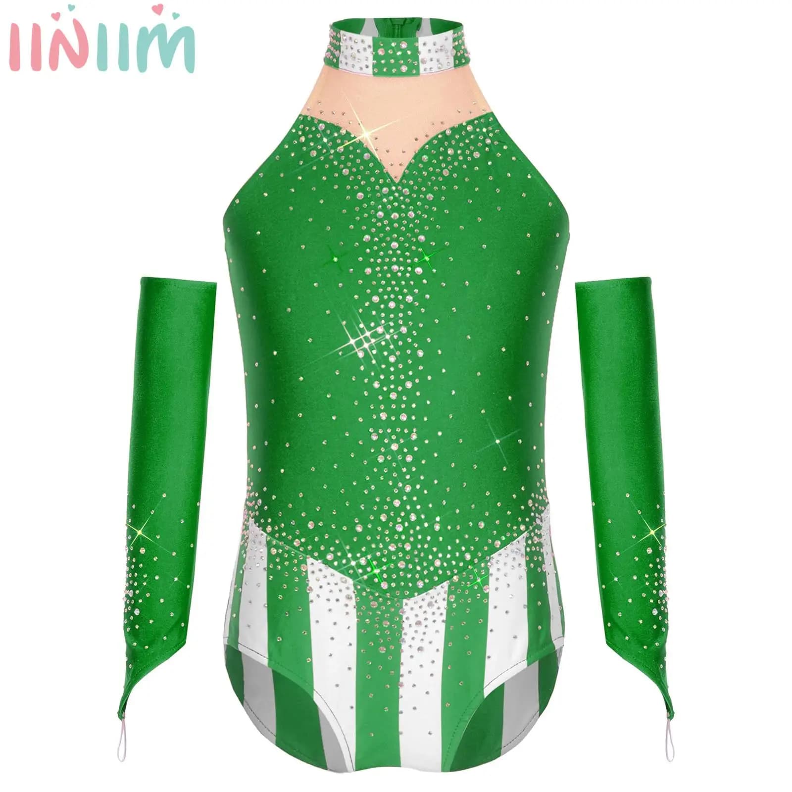 Costume da circo per bambina, body da festa, body senza maniche con strass, con maniche lunghe, tuta con strass