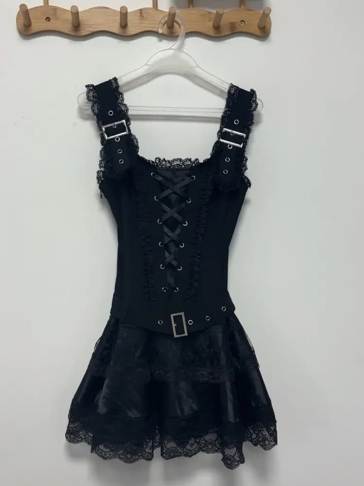 Y2k Subculture Sleeveless Black Dress Japanese Retro Dark Gothic Style Lace Patchwork Mini Dress Women Elegant Spring Summer