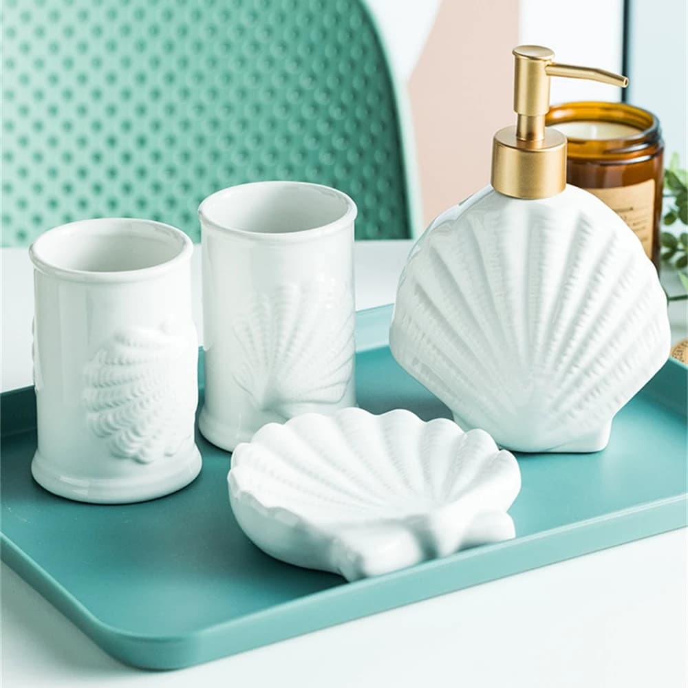 4Pcs Beach Themed Bathroom Accessory Set, Coastal Seashell Ceramic White Refillable Soap Dispenser, Toothbrush Holder, Soap Dish