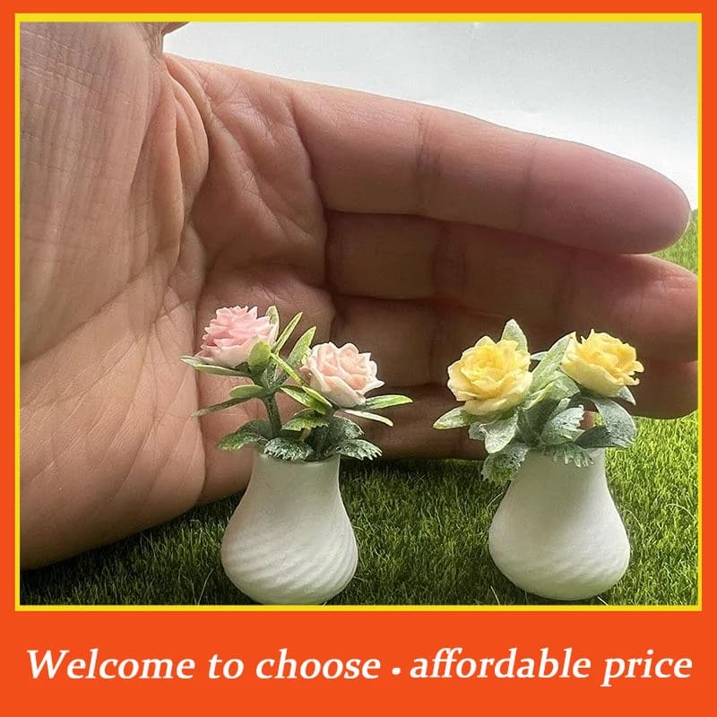 TH 1Pcs Dollhouse Prop Miniature Photography Accessory Mini Rose Plant Potted Flower Model Home Tabletop Decor Craft