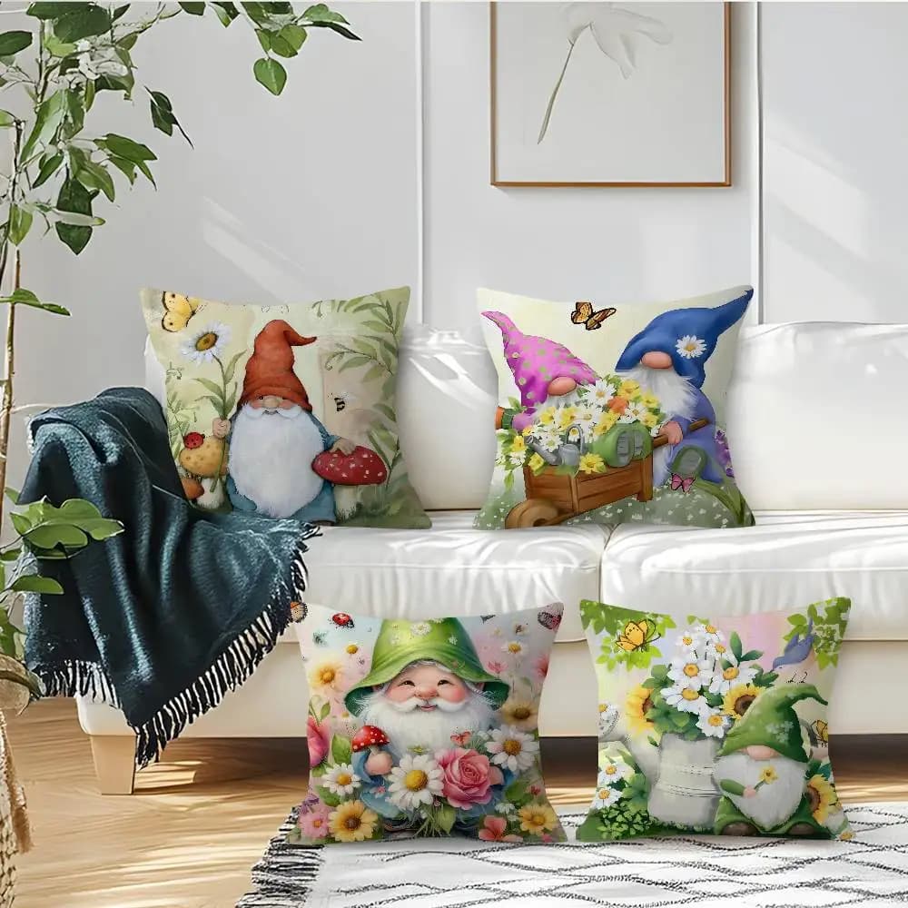 Adorabile fodera per cuscino con gnomo e giardino floreale, federa decorativa per divano e auto, regalo di Natale
