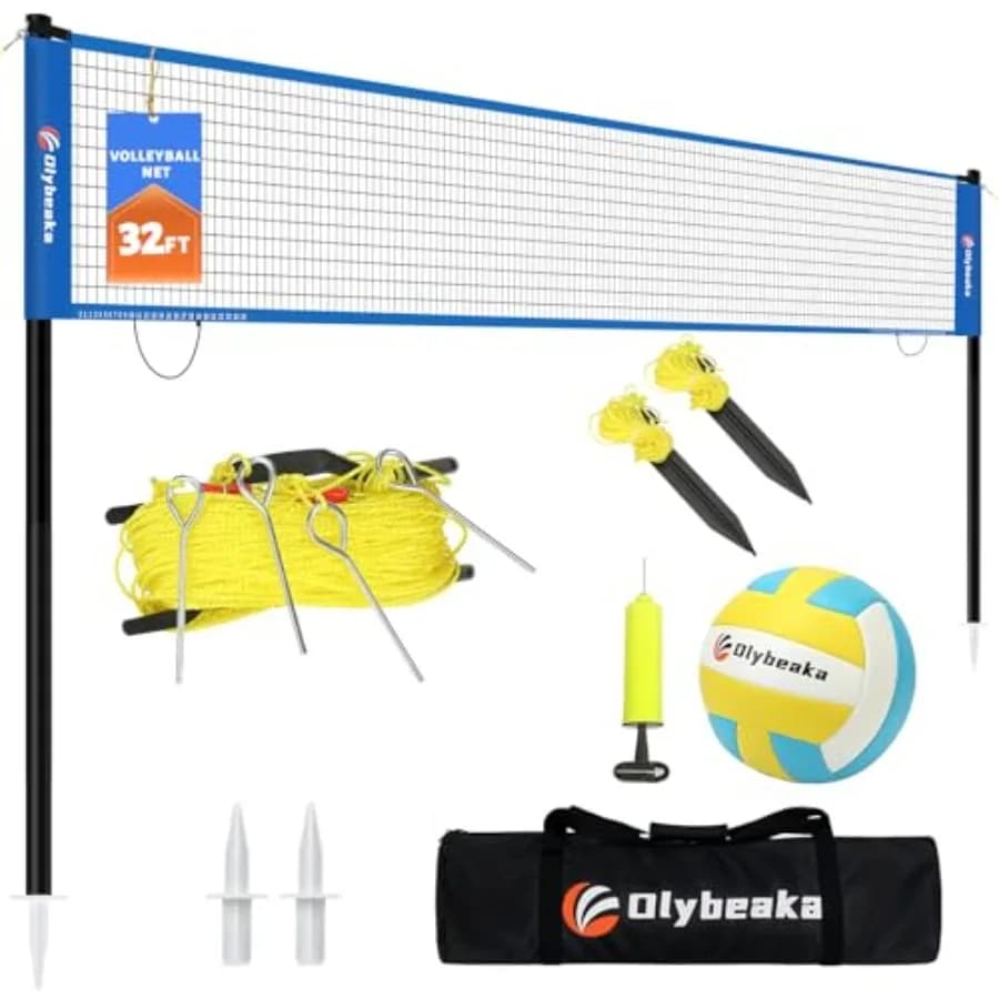 Set di Rete da Pallavolo Portatile per Esterni, Giardino e Spiaggia con Pali Regolabili, Pallone in PU Morbido, Borsa per il Trasporto e Resistente