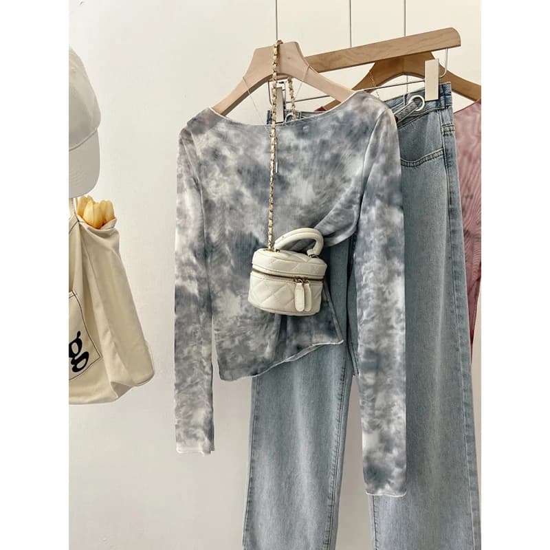 Retro Spicy Girl Thin Print One-Shoulder Long Sleeve T-Shirt Women Summer New Netting Slim Short Sun Protection Top