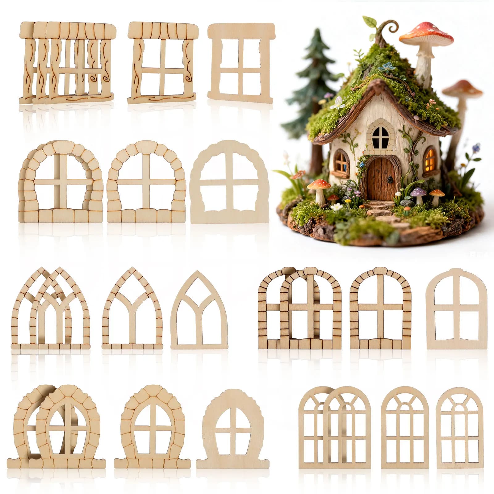 Set di porte e finestre in legno in miniatura da 25 pezzi, artigianato fai da te incompiuto per la decorazione del balcone del patio del giardino, ornamento artistico in legno