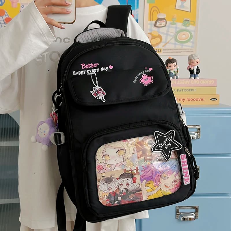 Zaino in tela da donna con tasca trasparente, decorazioni con scritte, tracolla regolabile, borsa casual per la scuola, nuova tendenza 2026