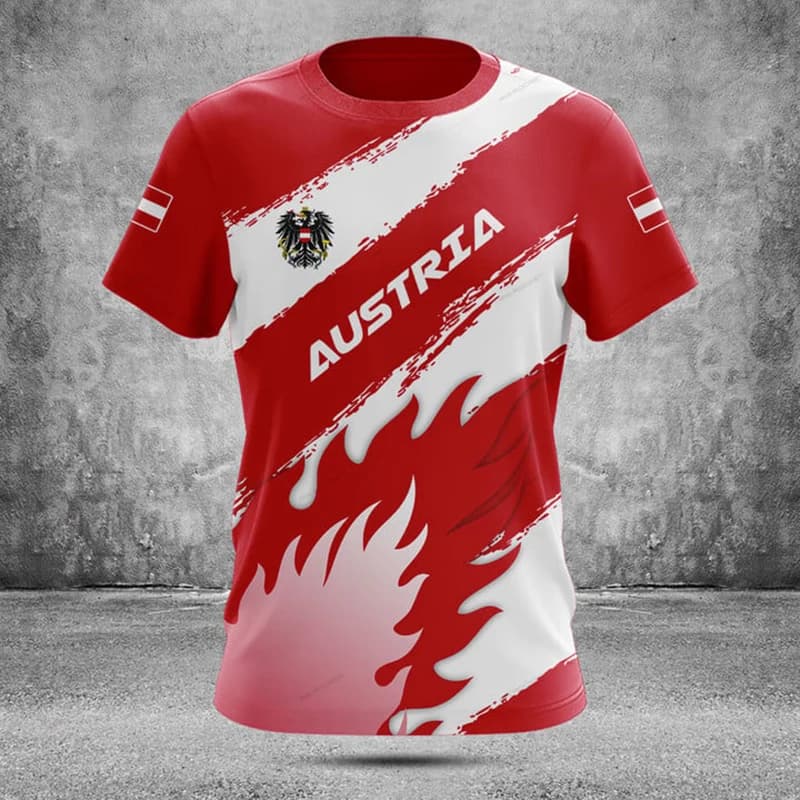 T-shirt Personalizzata con Grafica Fuoco Austriaco, Maglia Estiva Casual da Uomo, Morbida a Maniche Corte, Asciugatura Rapida, Abbigliamento Sportivo alla Moda
