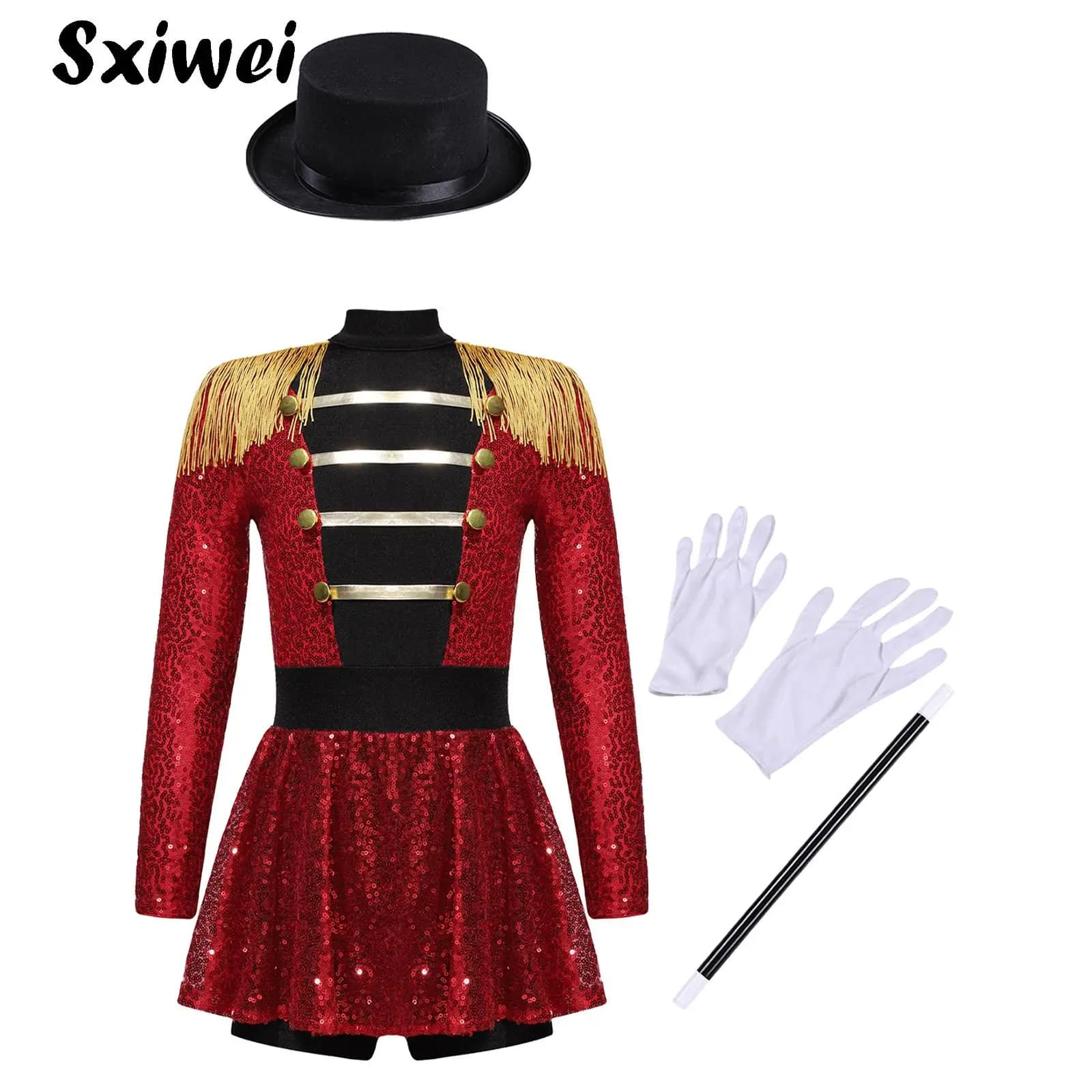 Paillettes Ragazze Mago Circo Performance Costume Abiti Bambini Halloween Ringmaster Tuta Tuta con cappello Guanti Bacchetta magica