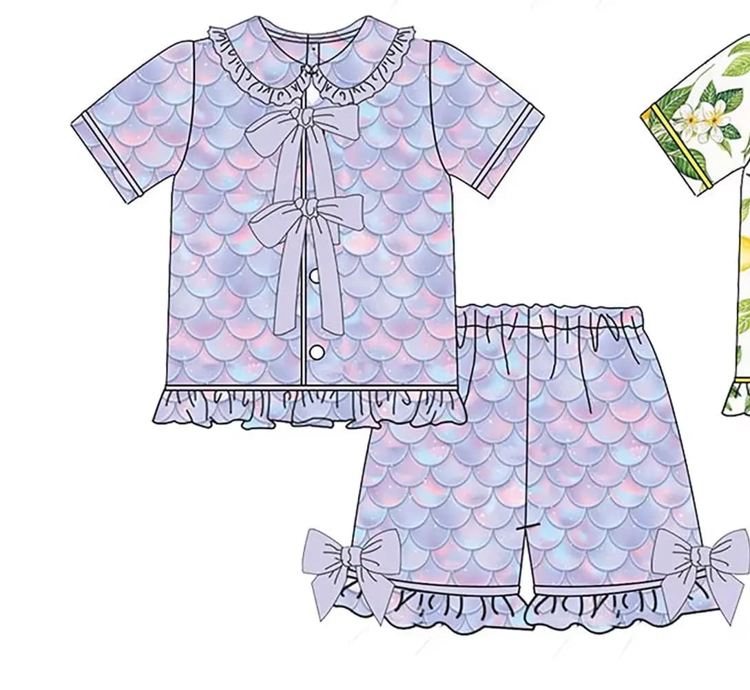 Set estivo da 2 pezzi con stampa floreale e sirena per bambina, con fiocco e bordo arricciato, pigiami per bambini