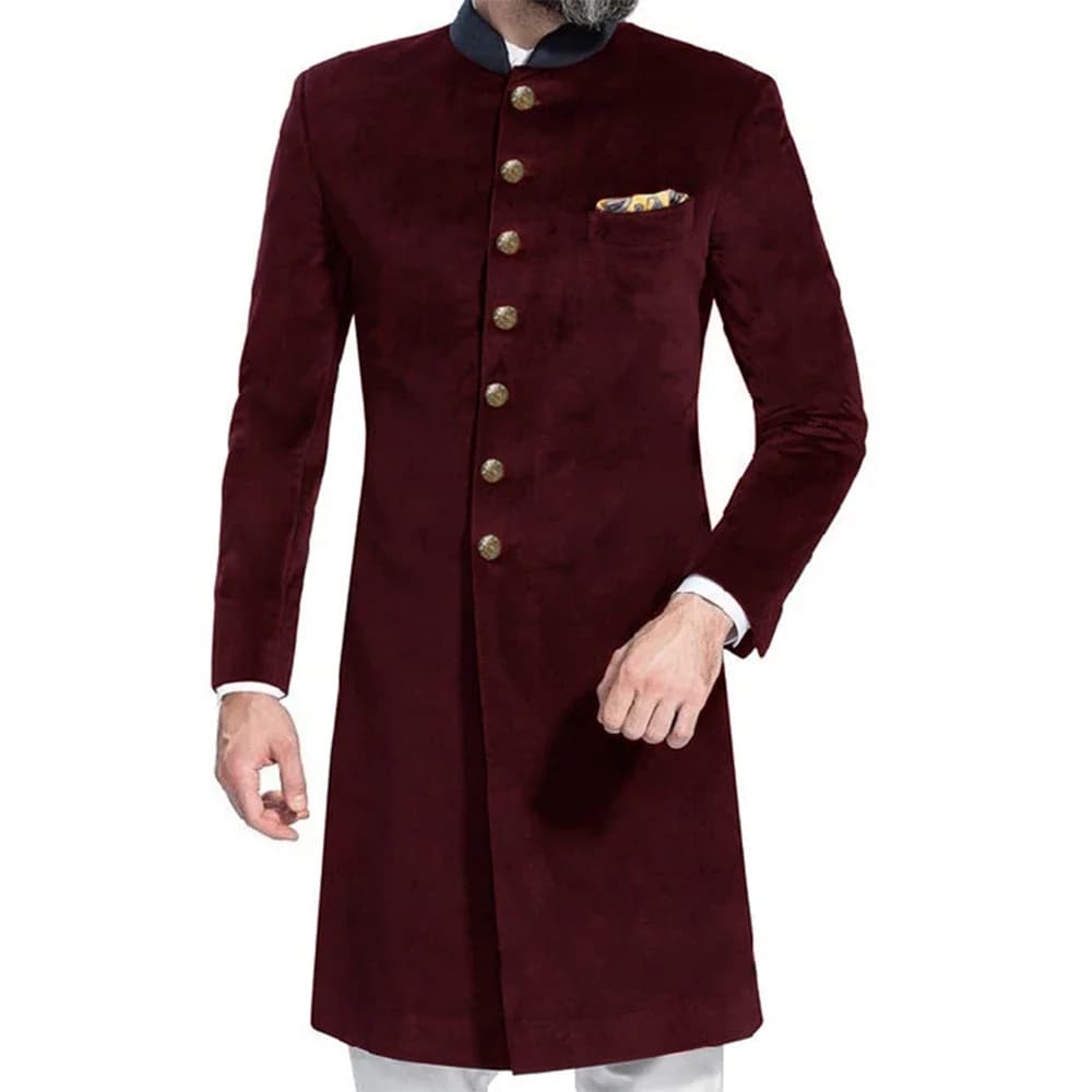 Giacca da uomo in velluto autunno inverno slim fit colletto alla coreana cappotto lungo formale business party matrimonio sposo giacca da smoking su misura