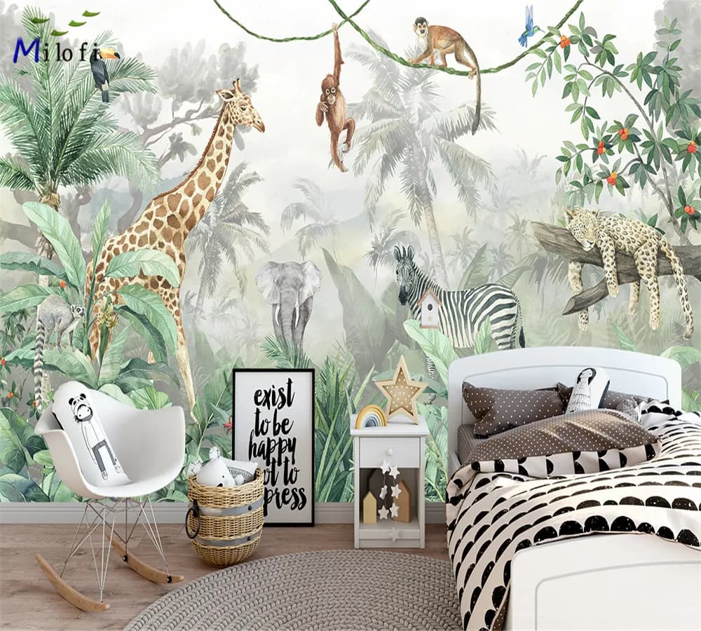 Milofi custom watercolor jungle school nursery 3d wallpaper mural for kids room 3d animal wallpaper art deco
