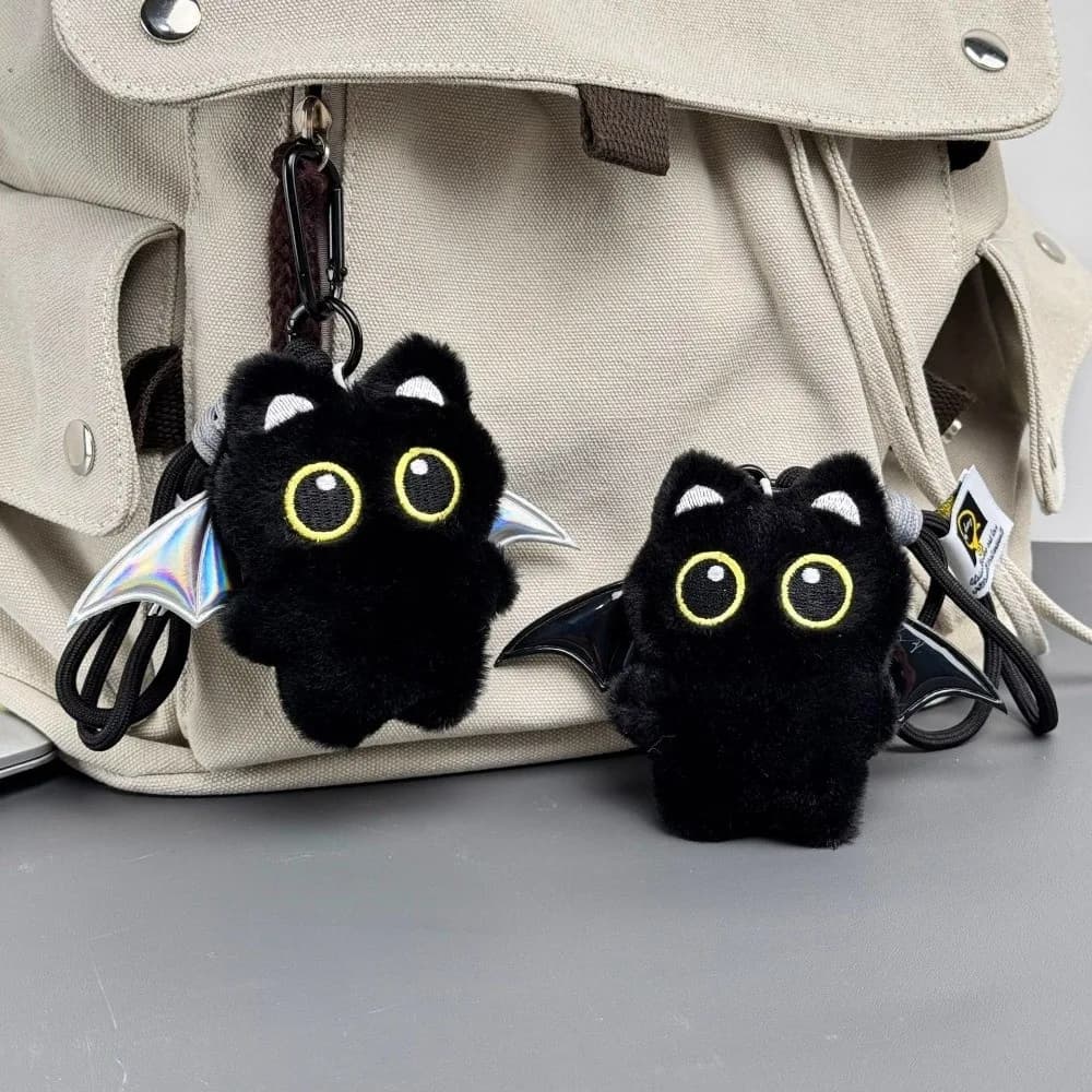 Cute Fish Black Cat Plush Doll Keychain Strawberry Wings Doll Bag Pendant Bib Car Key Ring School Bag Decoration