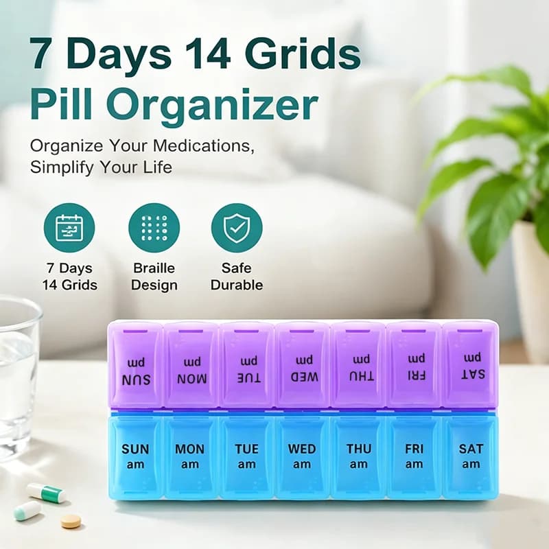 Portapillole Settimanale 7 Giorni, Contenitore Doppio a 14 Scomparti per Medicinali, Dispenser Organizer con Coperchio Apribile, Kit Pronto Soccorso