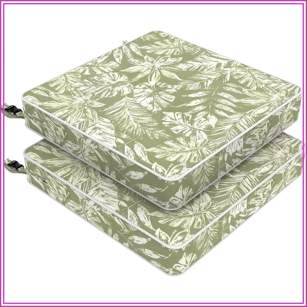 Water-Repellent Patio Chair Cushions 19x19x3 inch, Square Seat Pads with Ties, Set of 2, Tropical Leaf Green
