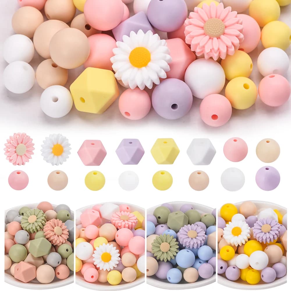 LOFCA 50 pezzi di perline di girasole in silicone Massaggiagengive per uso alimentare Utilizzato per realizzare accessori per gioielli con catena ciuccio, collana ciuccio