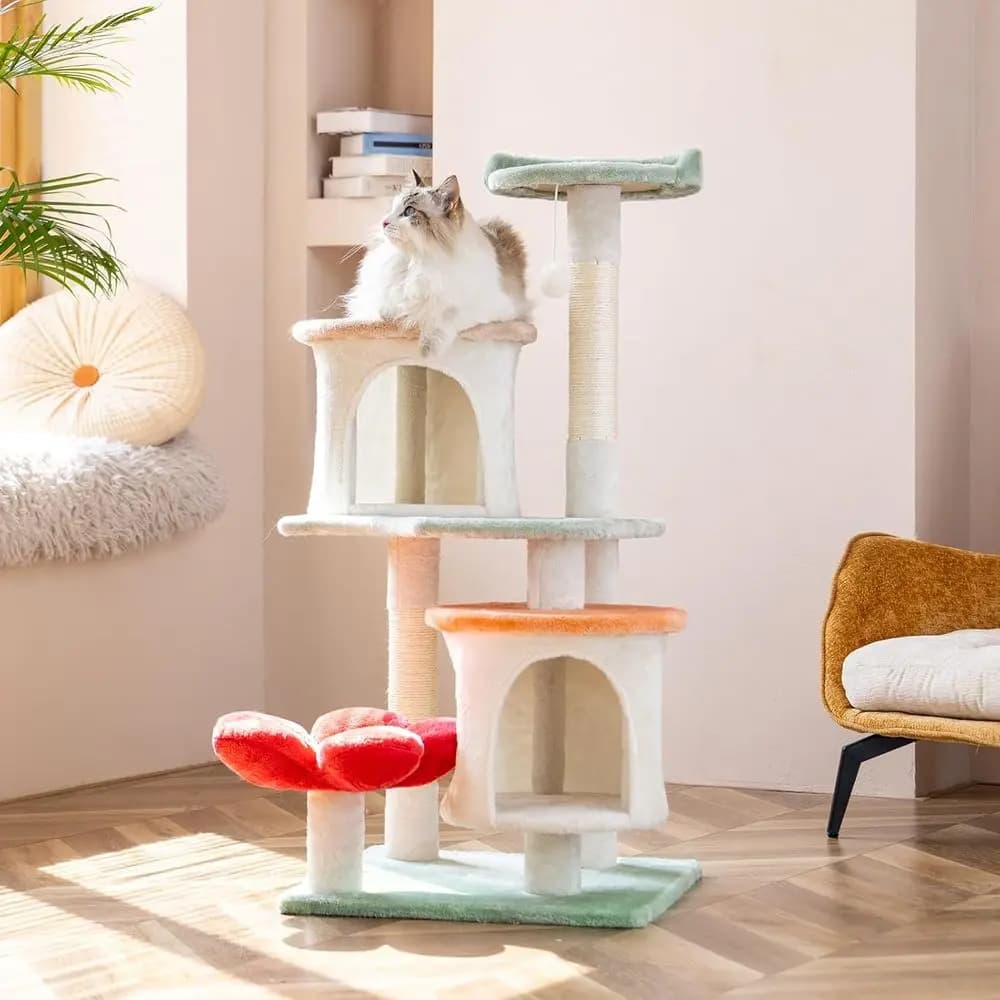 Torre per Gatti da 42,7 Pollici con Cuccia Morbida, Piattaforme Multi-Livello, Tiragraffi, Palla Giocattolo e Casetta per Animali Domestici per Interni
