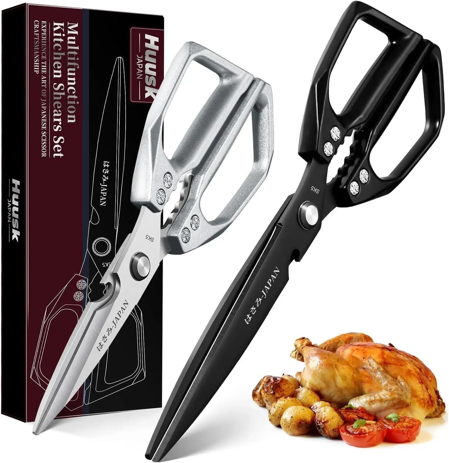 Kitchen Shears Set Upgraded - Stainless Steel Scissors for Meat Poultry, Heavy Duty Japanese Cooking Scissors with Ergonomic