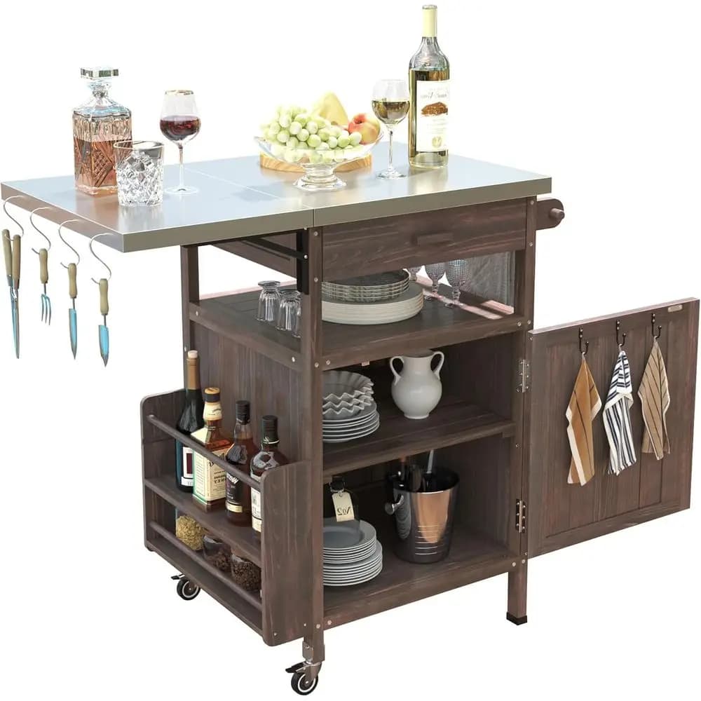 Carrello BBQ da Esterno 40.5 con Piano in Acciaio Inossidabile, Vano Portaoggetti in Legno, Ripiano Ribaltabile, Cassetto, Portasciugamani, Ruote Bloccabili, Marrone
