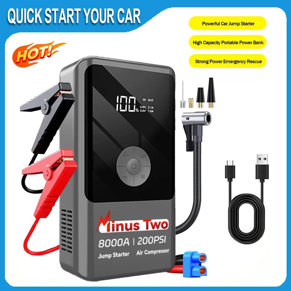 Avviatore di emergenza per auto 12V 4 in 1, compressore d'aria portatile con gonfiatore wireless per pneumatici, power bank, batteria portatile con ricarica rapida.